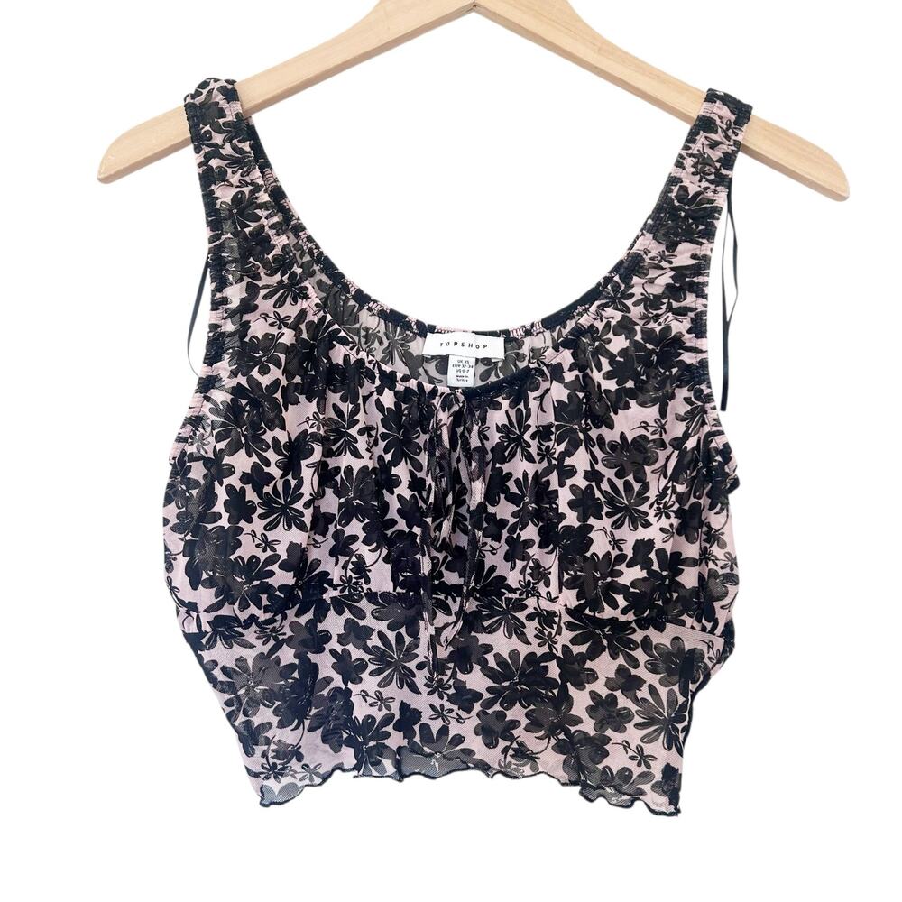 TopShop Black Floral Semi Sheer Cropped Tank Top Sz XS
